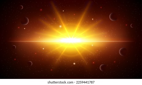 Sunlight Dazzling the Planets, Outer Space Background. Widescreen Vector Illustration