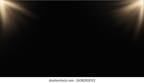 Sunlight effect on transparent background. Golden rays with luminous particles. Soft golden sun rays with glare. Light on the podium. Bright flash. Vector illustration.