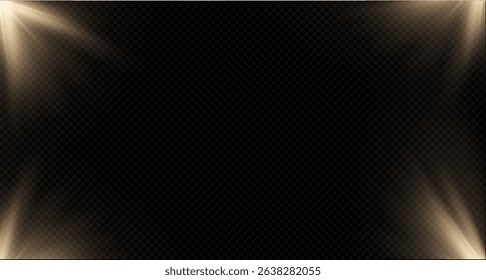 Sunlight effect on transparent background. Golden rays with luminous particles. Soft golden sun rays with glare. Light on the podium. Bright flash. Vector illustration.