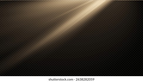 Sunlight effect on transparent background. Golden rays with luminous particles. Soft golden sun rays with glare. Light on the podium. Bright flash. Vector illustration.