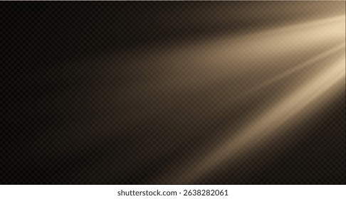 Sunlight effect on transparent background. Golden rays with luminous particles. Soft golden sun rays with glare. Light on the podium. Bright flash. Vector illustration.