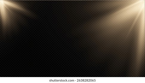 Sunlight effect on transparent background. Golden rays with luminous particles. Soft golden sun rays with glare. Light on the podium. Bright flash. Vector illustration.