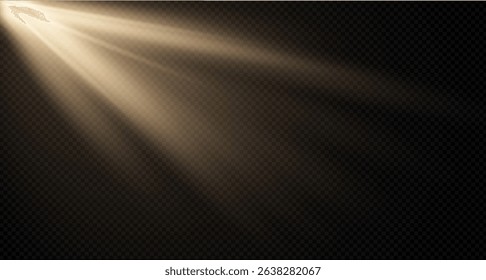 Sunlight effect on transparent background. Golden rays with luminous particles. Soft golden sun rays with glare. Light on the podium. Bright flash. Vector illustration.