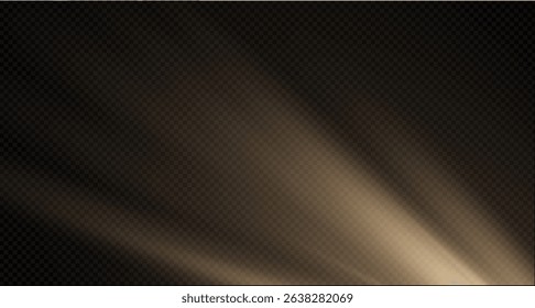 Sunlight effect on transparent background. Golden rays with luminous particles. Soft golden sun rays with glare. Light on the podium. Bright flash. Vector illustration.