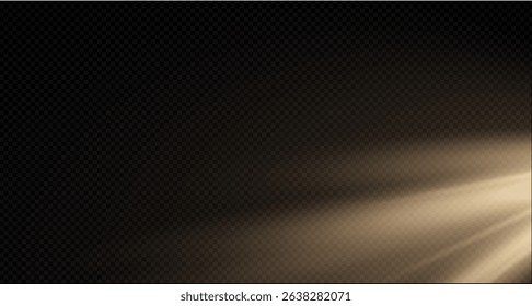 Sunlight effect on transparent background. Golden rays with luminous particles. Soft golden sun rays with glare. Light on the podium. Bright flash. Vector illustration.
