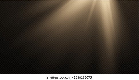 Sunlight effect on transparent background. Golden rays with luminous particles. Soft golden sun rays with glare. Light on the podium. Bright flash. Vector illustration.