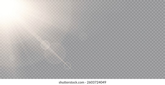 Sunlight effect on transparent png background. Gold rays and beam shining with bokeh glow effect. Summer sun light overlay, vector illustration.