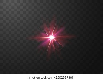 Sunlight effect. Vector illustration of a sun flare in pink color on a transparent background. Realistic bright star or lens effect to enhance design projects.