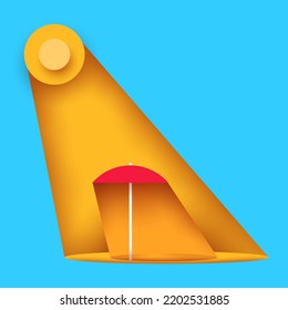 Sunlight falls on sandy beach with red umbrella. Creative minimalistic composition in 3d layered paper cut style. Modern concept art design. Cartoon vector illustration.