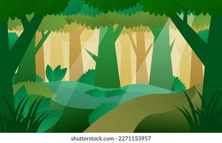 
Sunlight fell deep into the thick forest. Vector cartoon illustration of morning forest background. Bright forest with ferns and flowers. For design games, websites and mobile phones, printing.