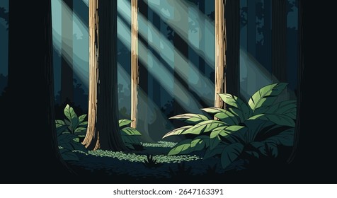 Filtragem de luz solar através de uma floresta de arte de pixels serena