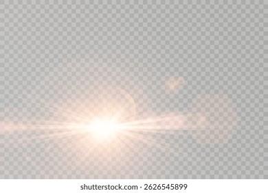 Sunlight flare glows softly with warm golden transitions. Transparent lens glare adds natural light enhancement. Sun rays beam outward in smooth radiant gradient. Realistic overlay simulates dawn