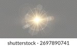 Sunlight flare with golden rays, bright glow, and sparkling reflections. Warm summer atmosphere, nature illumination, and soft daylight vector background illustration.