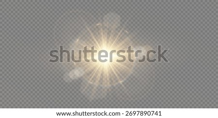 Sunlight flare with golden rays, bright glow, and sparkling reflections. Warm summer atmosphere, nature illumination, and soft daylight vector background illustration.