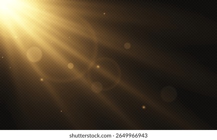 Sunlight flare or lens light effect on transparent background. Glowing light burst with sparkle. Spotlight glitter, explosion ray, flash and glare for new year or christmas. Light leak bokeh texture.