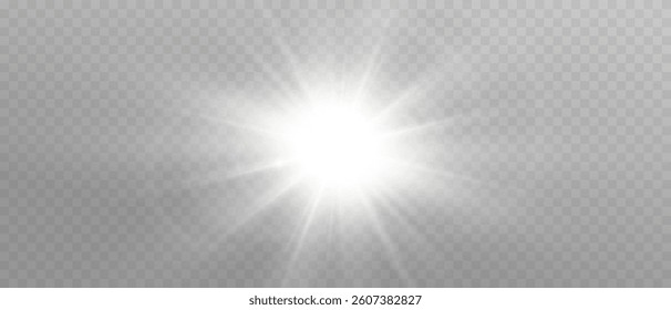 Sunlight flare light effect. Overlays, overlay, light, Sun, sunrays, overlays, light transitions, lens flare, light leaks and glare in PNG format. Vector transparent sunlight with lens flare effect.