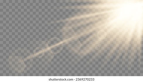 Sunlight flash light with special lens flare light effect. Bright lighting beam. Blur in the light of radiance sun. Rays and searchlight on transparent background – stock  vector