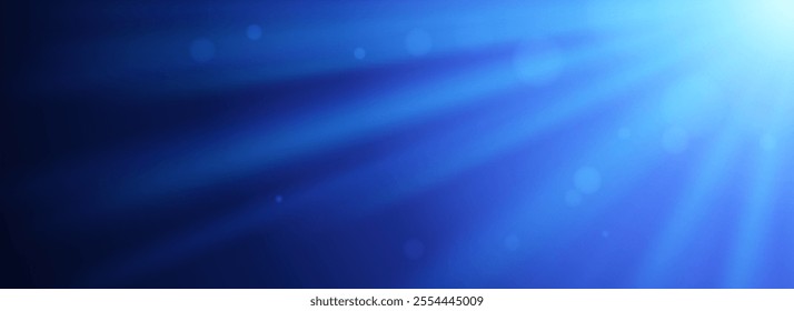 Sunlight glare background. Blue bright sunshine rays and beams on dark surface. Light sunburst scene wallpaper for banner, mockup, template, overlay, poster. Underwater light concept. Vector