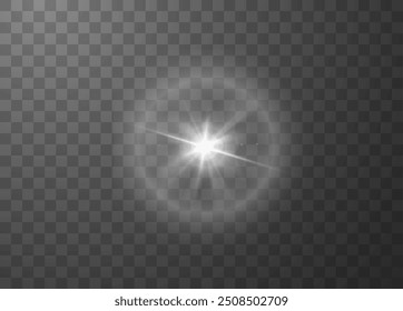 Efecto de resplandor solar con luz central brillante y rayos radiantes. Ilustración vectorial de un efecto de luz realista con destellos de lente sobre un fondo transparente, ideal para superposiciones y edición de fotos.