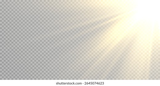 Luz solar com efeito de brilho sobre fundo transparente. Superimposição de luz, raios solares, transição, luz, lente, brilho no formato PNG. Luz solar PNG com brilho luminoso.
