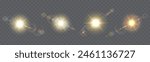 Sunlight glare effects realistic vector illustration set. Sunbeams natural flare. Sun rays light 3d elements on transparent background