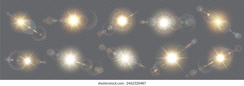 Conjunto de Ilustración vectorial realista de efectos de resplandor solar. Rayos de sol con erupción natural. Los rayos del sol iluminan los Elementos 3d en el fondo transparente