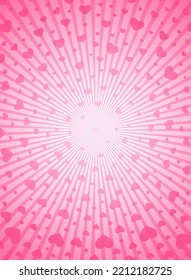 Sunlight glow background with hearts. Pink color burst background. Vector illustration. Sun beam ray sunburst wallpaper. Love St. Valentine backdrop.  Romantic wallpaper. Circus poster or placard