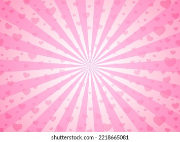 Sunlight Glow Background With Hearts. Pink Color Burst Background. Vector Illustration. Sun Beam Ray Sunburst Wallpaper. Love St. Valentine Backdrop.  Romantic Wallpaper. Circus Poster Or Placard