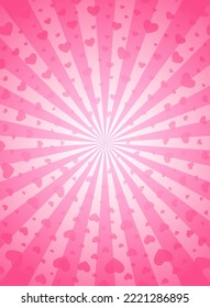 Sunlight glow background with hearts. Pink color burst background. Vector illustration. Sun beam ray sunburst wallpaper. Love St. Valentine backdrop.  Romantic wallpaper. Circus poster or placard