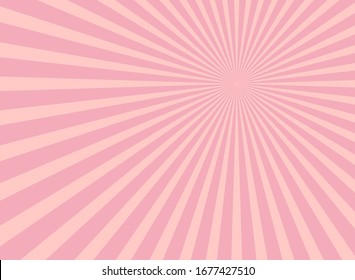 Sunlight glow horizontal background. Pink and peach color burst background. Vector illustration. Sun beam ray sunburst wallpaper. Candy bright backdrop.  starburst wallpaper. Circus poster or placard