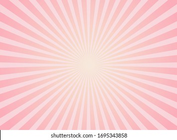 Sunlight glow horizontal background. Pink and peach color burst background. Vector illustration. Sun beam ray sunburst wallpaper. Candy bright backdrop.  starburst wallpaper. Circus poster or placard