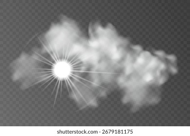 Sonnenlicht mit glühender Fackelwirkung, teilweise durch weiche Wolken verdeckt. Transparente Vektorgrafik auf dem Hintergrund.