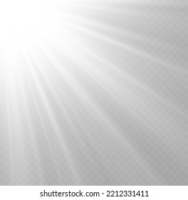 Sunlight glowing png effect. Star burst with sparkles. White beam sunrays on transparent background. Sun flash with rays and spotlight. Translucent shine sun, bright flare. Vector illustration.