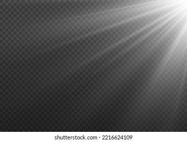 Sunlight glowing png effect. Star burst with sparkles. White beam sunrays on transparent background. Sun flash with rays and spotlight. Translucent shine sun, bright flare. Vector illustration.
