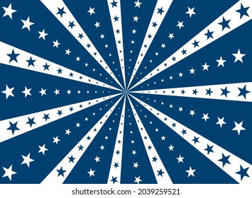 Sunlight horizontal background. Blue and white color burst background with shining stars. Vector illustration. Sun beam ray sunburst pattern backdrop. Magic, festival, circus poster