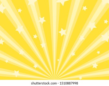 Sunlight horizontal background. Golden yellow  color burst background with shining stars. Vector illustration. Sun beam ray sunburst pattern backdrop. Magic, festival, circus poster