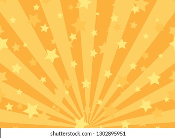 Sunlight horizontal background. Orange color burst background with shining stars. Vector illustration. Sun beam ray sunburst pattern backdrop. Magic, festival, circus poster