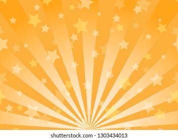 Sunlight horizontal background. Orange color burst background with shining stars. Vector illustration. Sun beam ray sunburst pattern backdrop. Magic, festival, circus poster