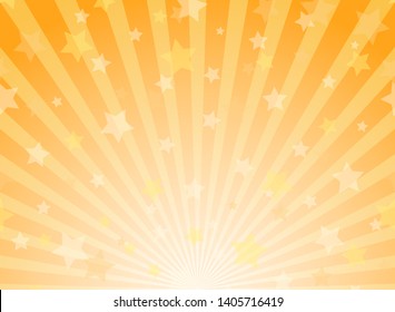 Sunlight horizontal background. Orange color burst background with shining stars. Vector illustration. Sun beam ray sunburst pattern backdrop. Magic, festival, circus poster