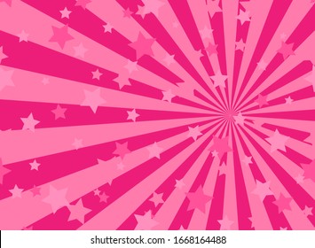 Sunlight horizontal background. pink color burst background with shining stars. Vector illustration. Sun beam ray sunburst pattern backdrop. Magic, festival, circus holiday poster