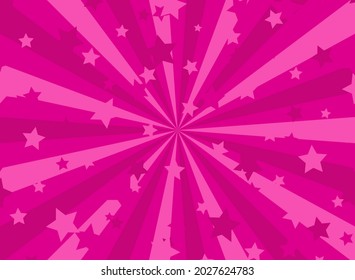 Sunlight horizontal background. Pink color burst background with shining stars. Vector illustration. Sun beam ray sunburst pattern backdrop. Magic, festival, circus holiday poster