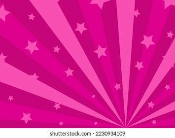 Sunlight horizontal background. Pink color burst background with shining stars. Vector illustration. Sun beam ray sunburst pattern backdrop. Magic, festival, circus holiday poster