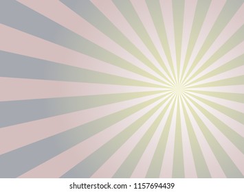 Sunlight horizontal background. Powder blue and pink color burst background with gold highlight. Fantasy Vector illustration. Magic Sun beam ray sunburst pattern background. Retro faded backdrop.