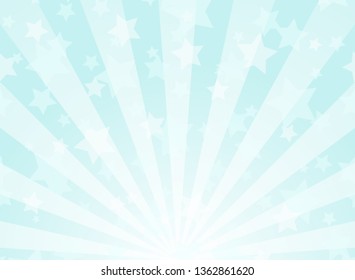Sunlight horizontal background. Powder blue color burst background with shining stars. Vector illustration. Sun beam ray sunburst pattern background. Magic bright backdrop.