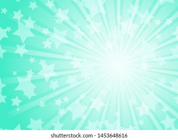 Sunlight horizontal background. Powder blue green color burst background with shining stars. Vector illustration. Sun beam ray sunburst pattern background. Magic bright backdrop.