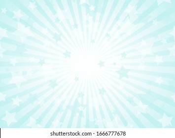 Sunlight horizontal background. Powder blue  color burst background with shining stars. Vector illustration. Sun beam ray sunburst pattern backdrop. Magic, festival, circus poster