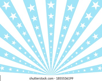 Sunlight horizontal background. Powder blue  and white color burst background with shining stars. Vector illustration. Sun beam ray sunburst pattern backdrop. Magic, festival, circus poster