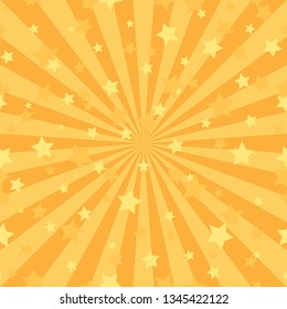 Sunlight horizontal background. Powder yellow and blue color burst background with shining stars. Vector illustration. Sun beam ray sunburst pattern backdrop. Magic, festival, circus poster