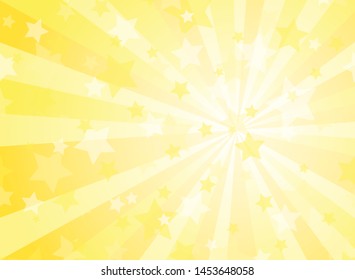 Sunlight horizontal background. Powder yellow  color burst background with shining stars. Vector illustration. Sun beam ray sunburst pattern backdrop. Magic, festival, circus poster