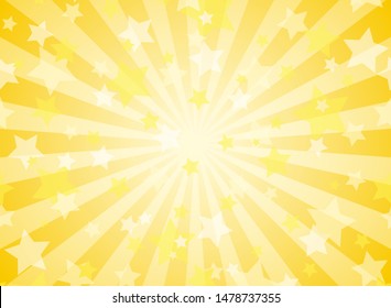 Sunlight horizontal background. Powder yellow  color burst background with shining stars. Vector illustration. Sun beam ray sunburst pattern backdrop. Magic, festival, circus poster